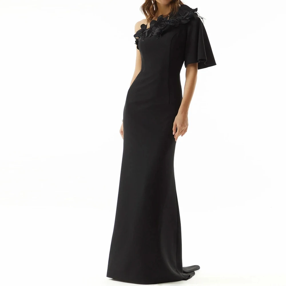 

CustomizedBespoke Occasion Gown One Shoulder Sweep Train Floor Length Half Sleeves 3D-Flowers Straight Elegant Party Evening Dre