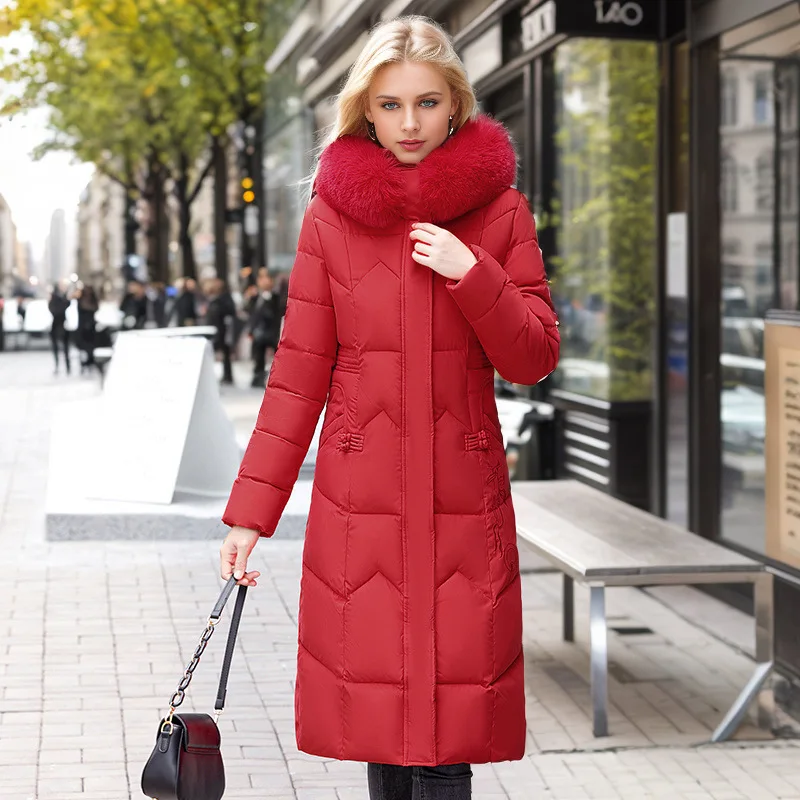 Woman Padded Coat Winter Jacket Long Clothes Fur Collar Thicken Loose Pockets Embroidery Warm 2024 New Woman Plus Size Parka