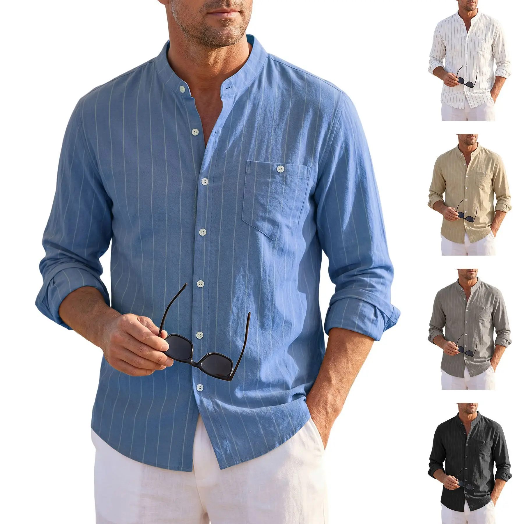 

Men's spring-autumn linen stand-up striped long-sleeved casual office wear trendy long-sleeved shirt with one pocket