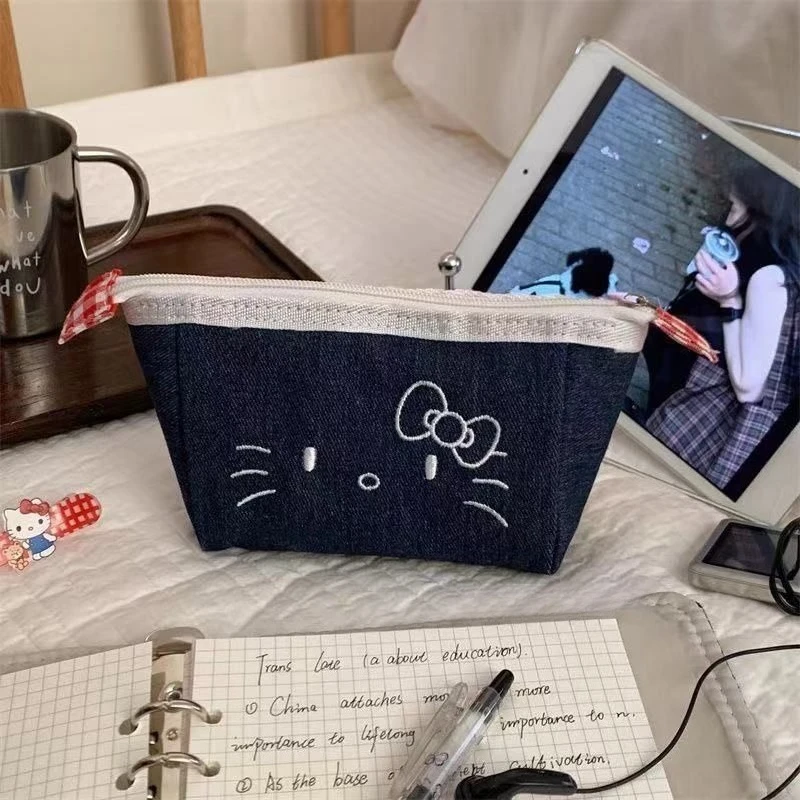Hello Kitty Inspired Jeans Pencil Pouch Kawaii Anime Character Denim Pen Holder Large Capacity for Markers Rulers Gift wholesale