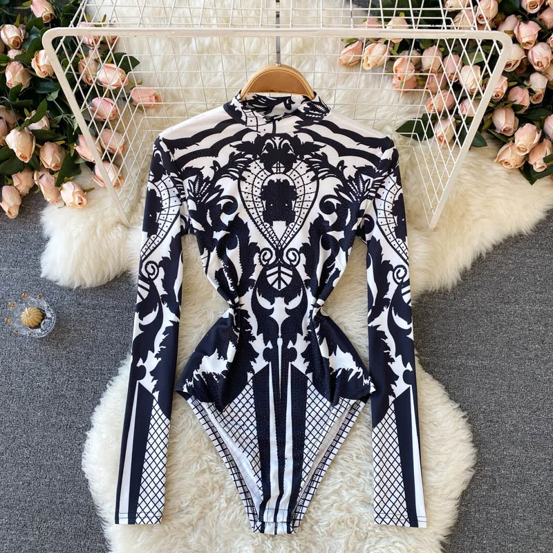 

Design Autumn New Print Rompers Women Stand Collar Long Sleeve Slim Jumpsuits Chic Fashion Sexy Bodycon Short Bodysuit