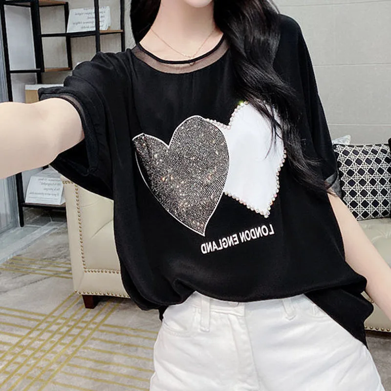 Women's Clothing Casual Printed Spliced Short Sleeve T-shirt Fashion Korean Summer Round Neck Diamonds Spliced Tops Pullovers