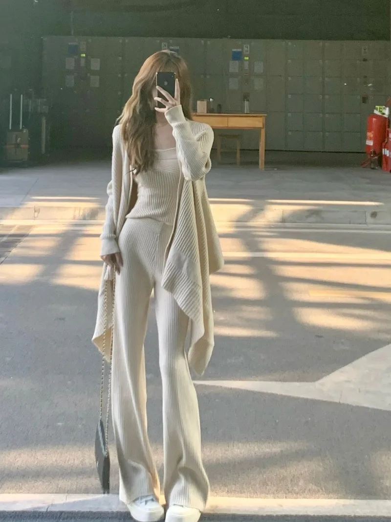 

Sweet Hot Girl Casual Suit Women's Knitted Cardigan Camisole High Waist Wide Leg Pants Three-Piece Set Fashion Femlae Clothes