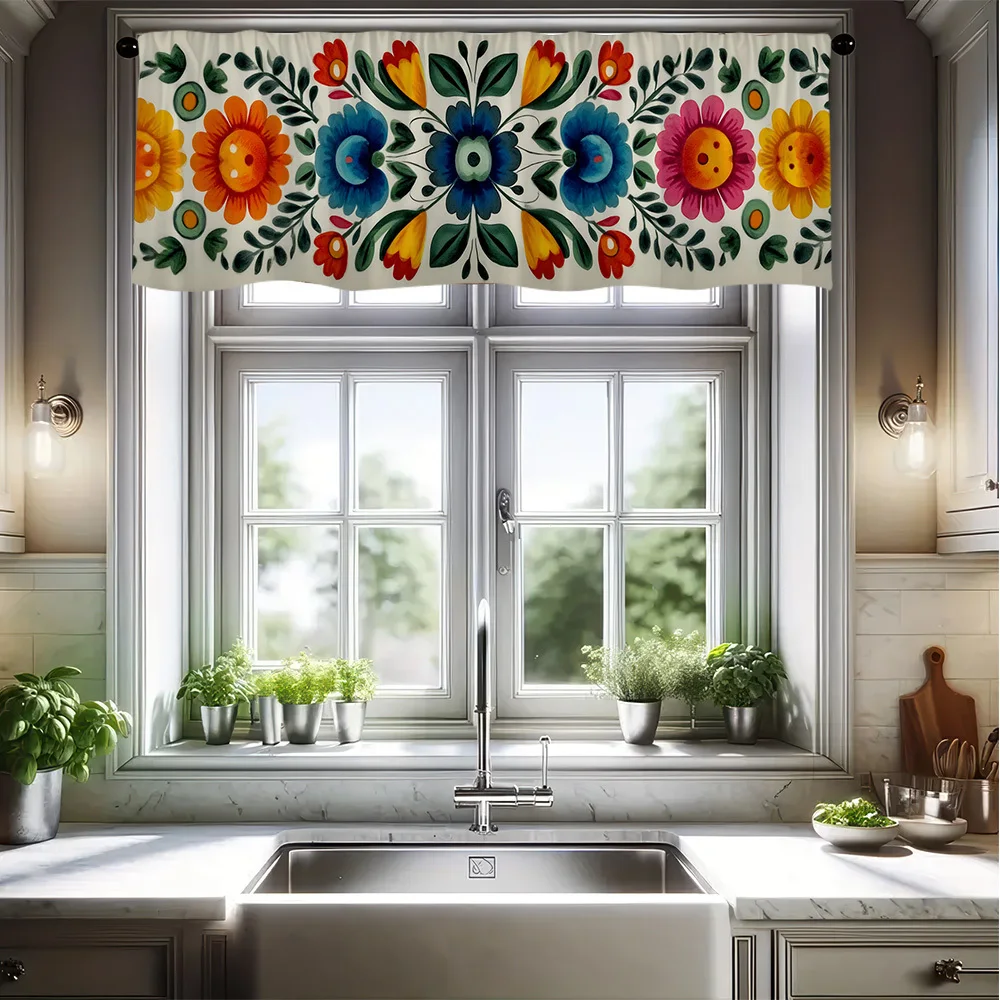 VIKAMA Mexican Floral Valance Curtain, Rod Pocket Print Window Treatment for Kitchen Living Room Bedroom Decor