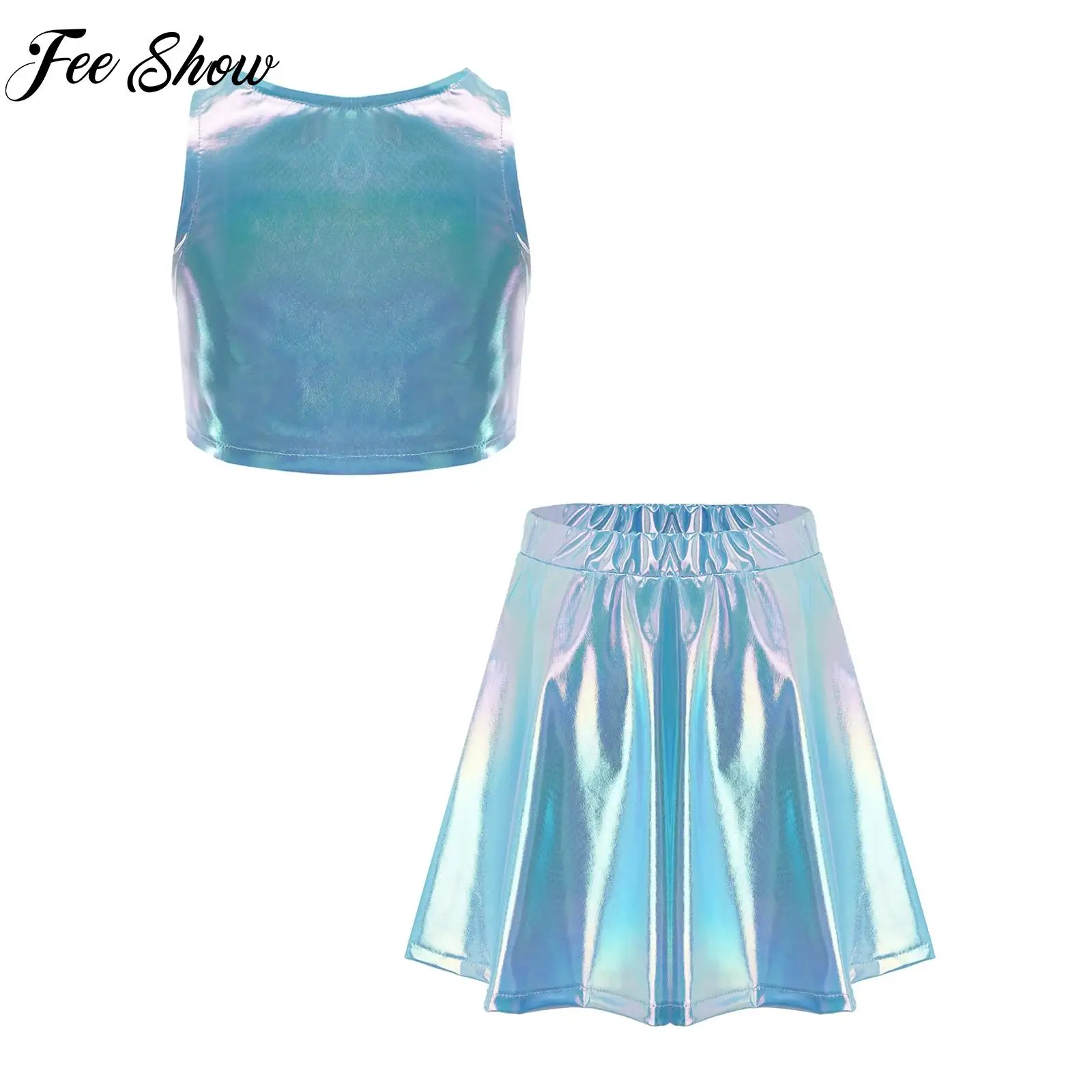 Kids Girls Metallic Ballet Dance Sets Glitter Gymnastics Skating Costume Outfits for Modern Latin Jazz Dancing Stage Performance