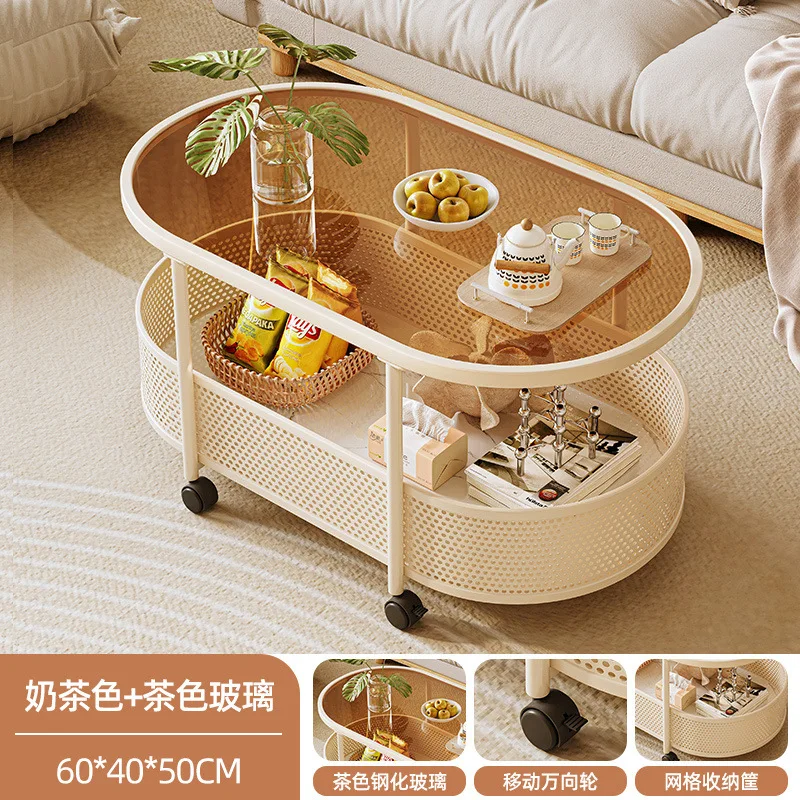 Simple Modern Movable Coffee Table with Wheels Light Luxury Glass Side Table