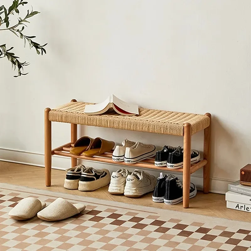 Japanese-style solid wood shoe changing stool, oak bedroom simple bedside stool, cherry wood braided rope bench, home door bench