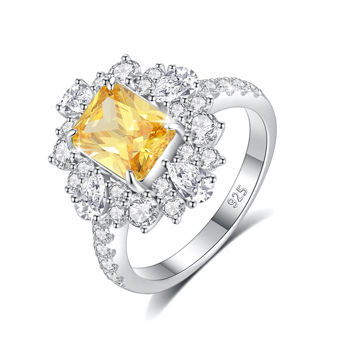 Emerald Cut Yellow Crystal Engagement Ring 925 Sterling Silver Floral Halo Band Women's Luxury Wedding Ring Fine Jewelry Gifts