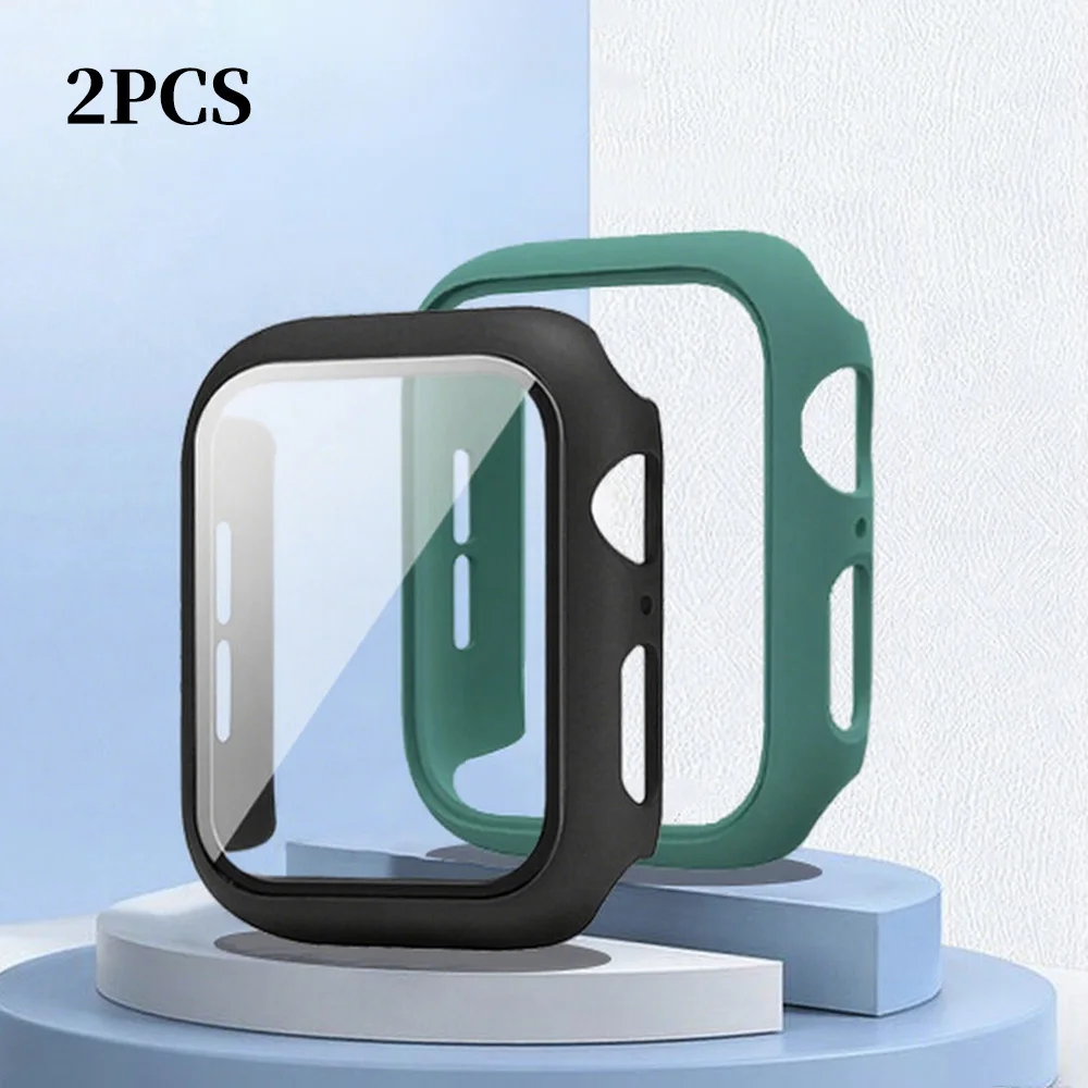 2Pcs Tempered Glass+cover For Apple Watch Case 45mm 41mm 44mm 40mm 42mm Screen Protector Iwatch serie 9 8 4 SE 7 5 6 Accessories