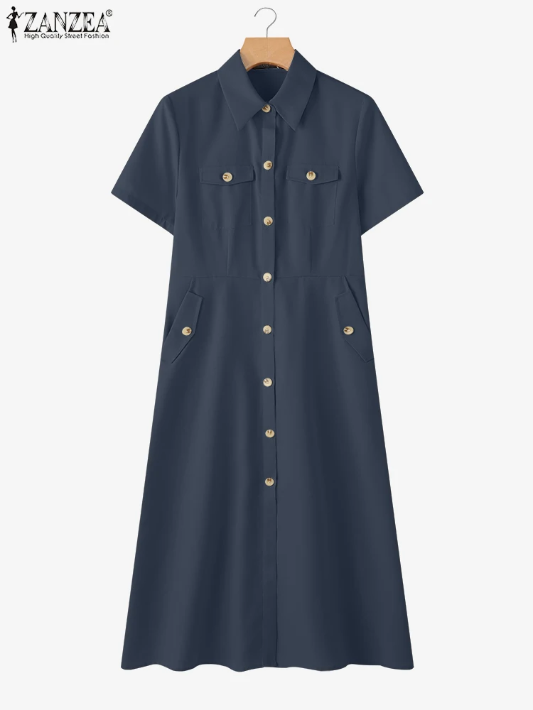 فستان قميص أنيق للسيدات من ZANZEA لعام 2025 فستان صيفي أنيق بأكمام قصيرة فستان صيفي للعمل OL أزرار صلبة غير رسمية رداء ميدي