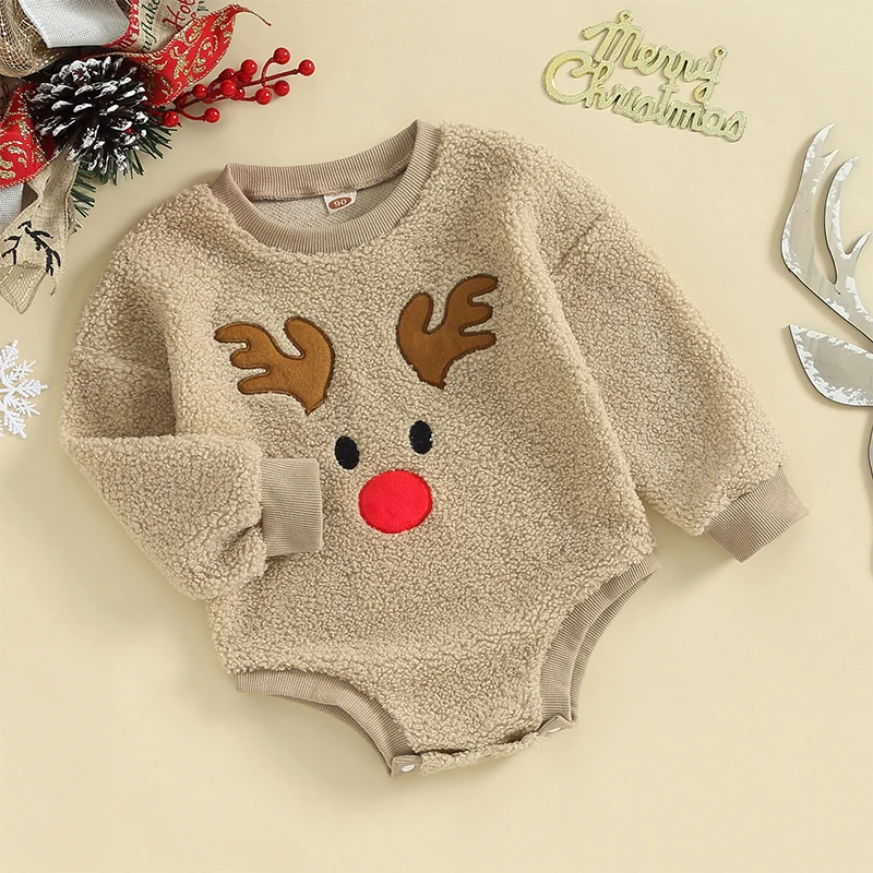 Baby Fleece Romper Long Sleeve Round Neck Warm Fluffy  Reindeer Embroidery Jumpsuit Infant Winter Outfit