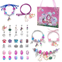 DIY Children's Bracelet Pink Unicorn Flat Box Set Handmade DIY Beaded Pendant Bracelet Necklace with Exquisite Gift Box