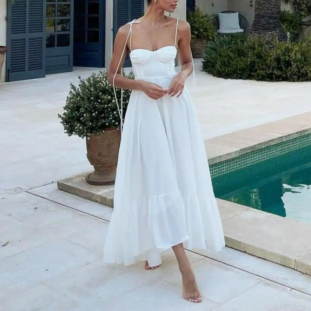 

Woman Elegant Solid White Sling Dresses Ruffled Poplin Dress High Waist A Line Spaghetti Strap Midi Vestidos for Streetwear