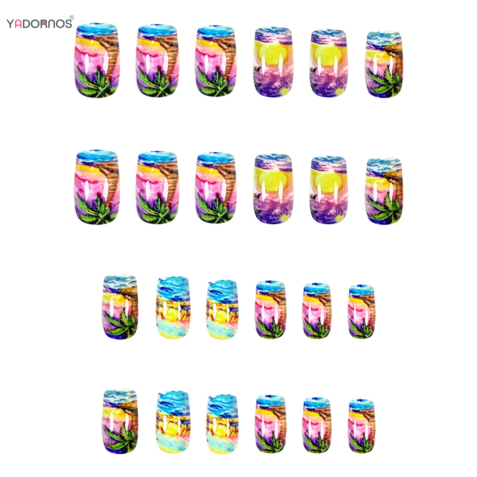เล็บปลอมสไตล์ชายหาดฤดูร้อน 24 ชิ้น ความยาวปานกลาง ทรงเหลี่ยม กดติดเล็บ พิมพ์ลายพระอาทิตย์ตกหลากสี ปิดเต็มเล็บอะคริลิค
