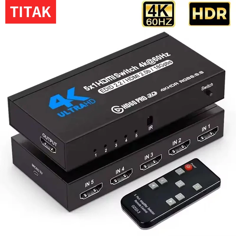 4K HDMI Switch 5port 5 in 1 ou Switch 4K 60Hz Splitter 5 Port Switcher adapter With IR Remote For Xbox Series X PC PS5 Projector