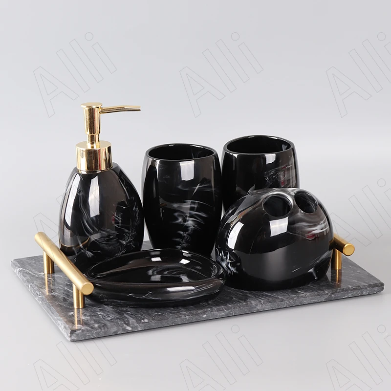 Light Luxury Resin Bathroom Six Piece Set Marble Texture Shampoo Bottle Restroom Creative Mouthwash Cup Bathrooms Accesories