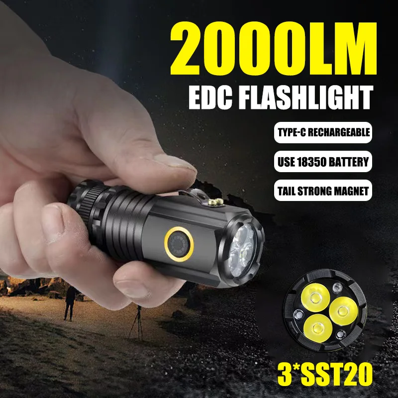 Powerful 3*SST20 Mini LED Flashlight 2000LM TYPE-C Rechargeable Portable EDC Torch Camping Lantern with Magnet Use 18350 Battery