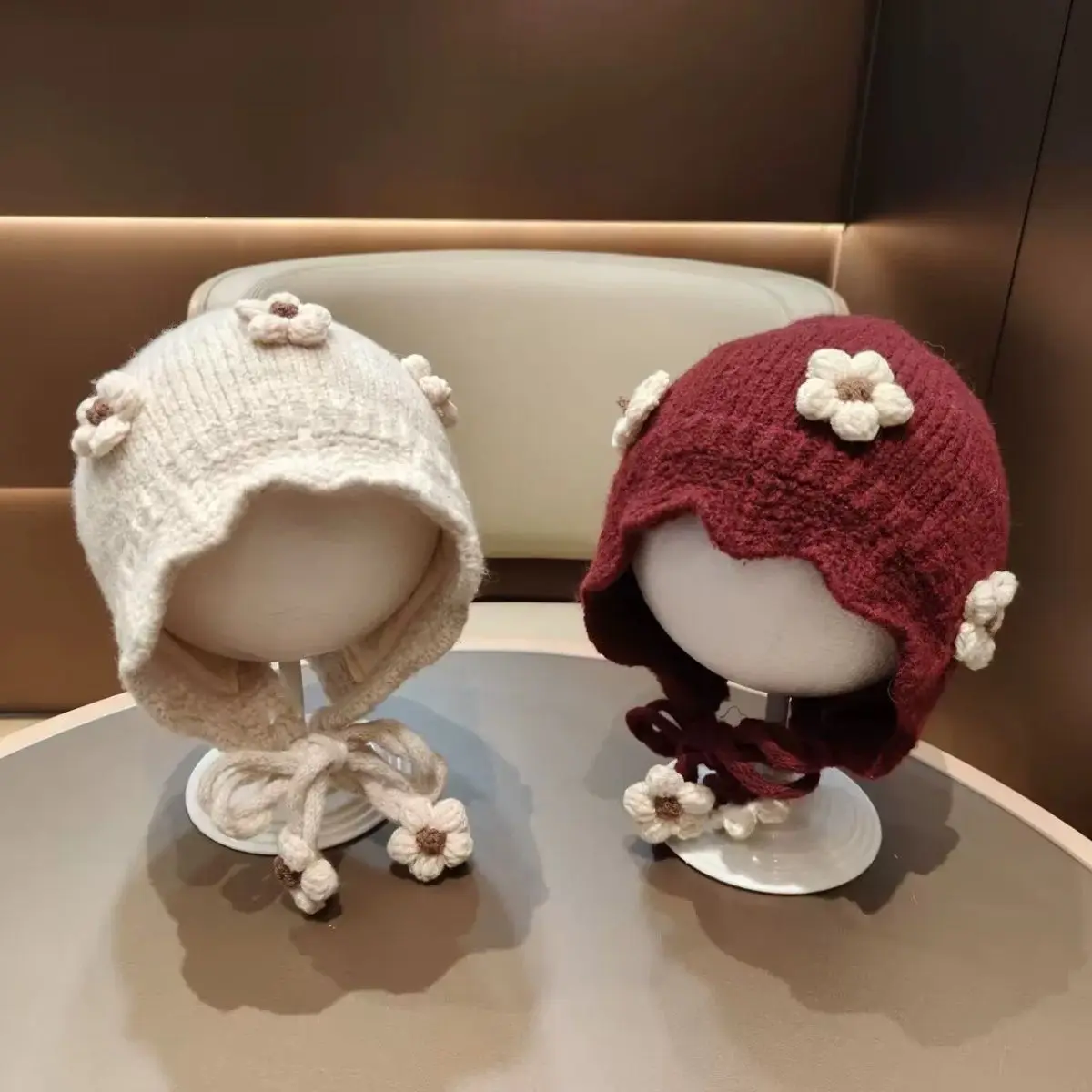 Winter Soft Knit Baby Girls Hat Solid Ruffle Crochet‑Flower Ear Protection Kids Girls Hat Windproof Warm Chin‑Tie Children Cap