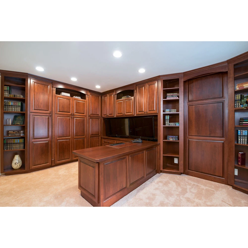 Luxury solid wood library wall with round bookcase and glass door