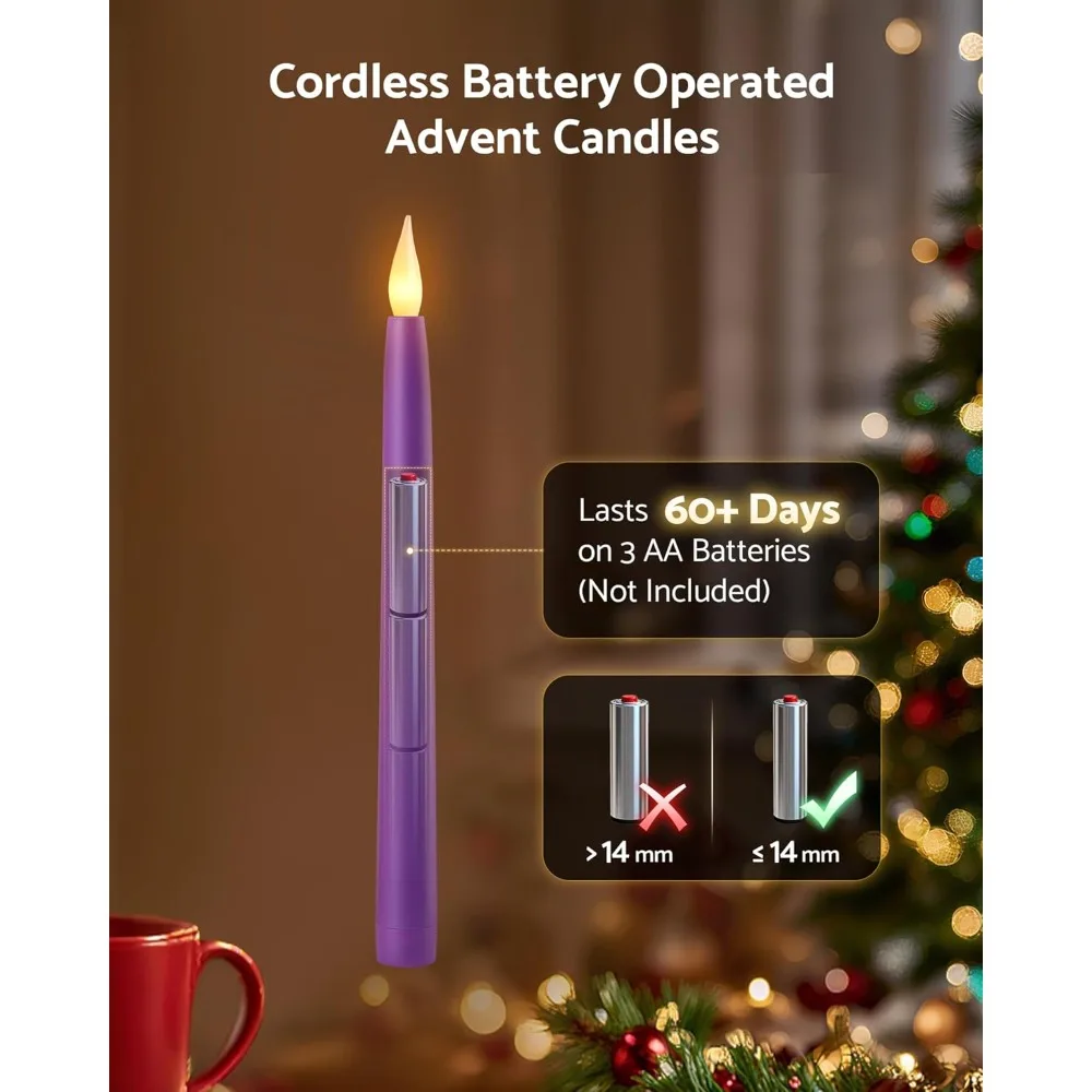 Conjunto de 5 velas operadas por bateria de 10,5 '' com controle remoto, temporizador e dimmer, castiçais cônicos LED sem chama de plástico para advento