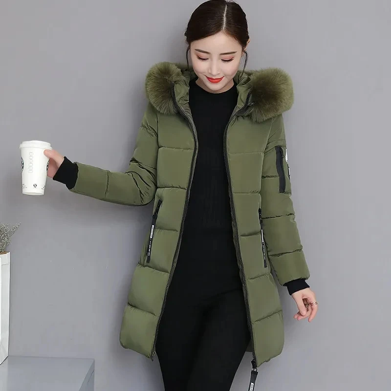 2025 Winter New Korean Cotton Jacket Women's Medium Long Big fur collar Coat Female Cotton Thicken Warm Hooded Parker Overcoat - Image 3