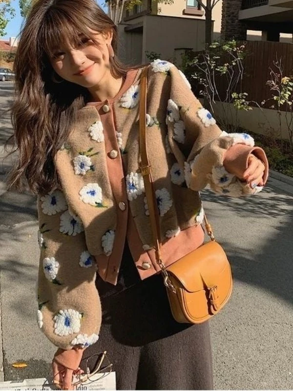 Korean Sweet Three-dimensional Flowers Design Crop Coats O-neck Single Breasted Vintage Jackets 2024 Spring Autumn Chic Outwears