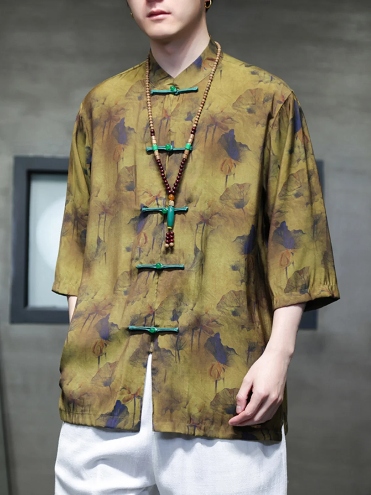 

Ice Silk ort Sve irt Men's Summer Thin Retro Button f Sve Tang Costume Improved Hanfu New Chinese Sle Youth Fa...