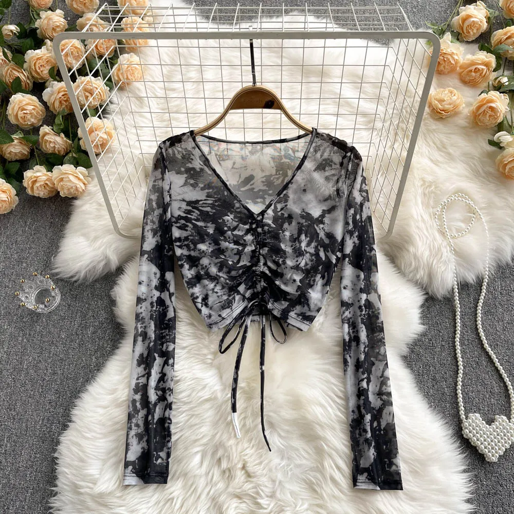 

Рубашки для женщин, корейская винтажная футболка с принтом тай-дай, модные футболки с длинными рукавами и шнурком, летняя футболка, укороченные топы, 2025 Ropa Mujer