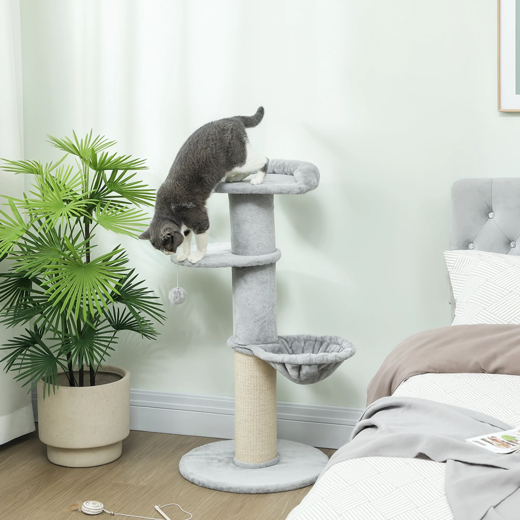 Pawhut Kattenboom, Hoogte Ø 48 X 103,5 Cm, Krabpaal met Sisal Krabber, Hangmat, Platform en Pluche Speelbal, Meerdere Niveaus, Lichtgrijs