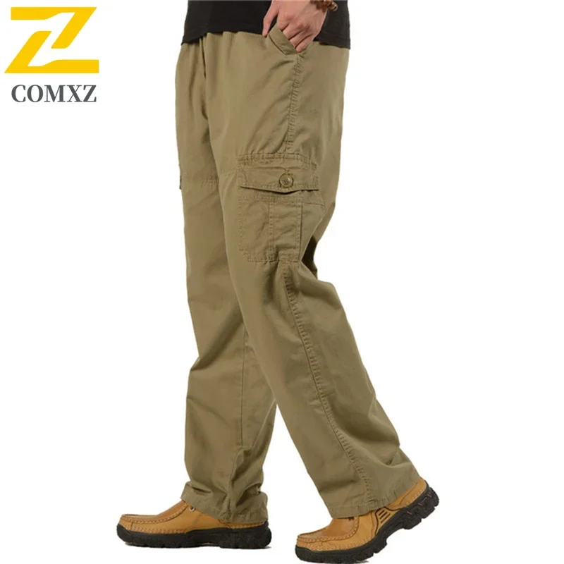 Retro Wide Leg Cargo Straight Pants Men's Outdoor Elastic Waist Workwear Trousers Harajuku Streetwear Khaki Cotton Pocket Pants