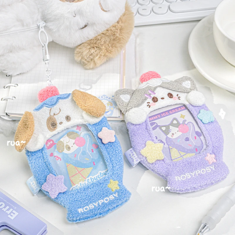 Cute Cartoon Animal Card Holder Keychains Plush Kpop 3 Inch Photocard Holder Display for Student Bag Pendant Korean Style 2024