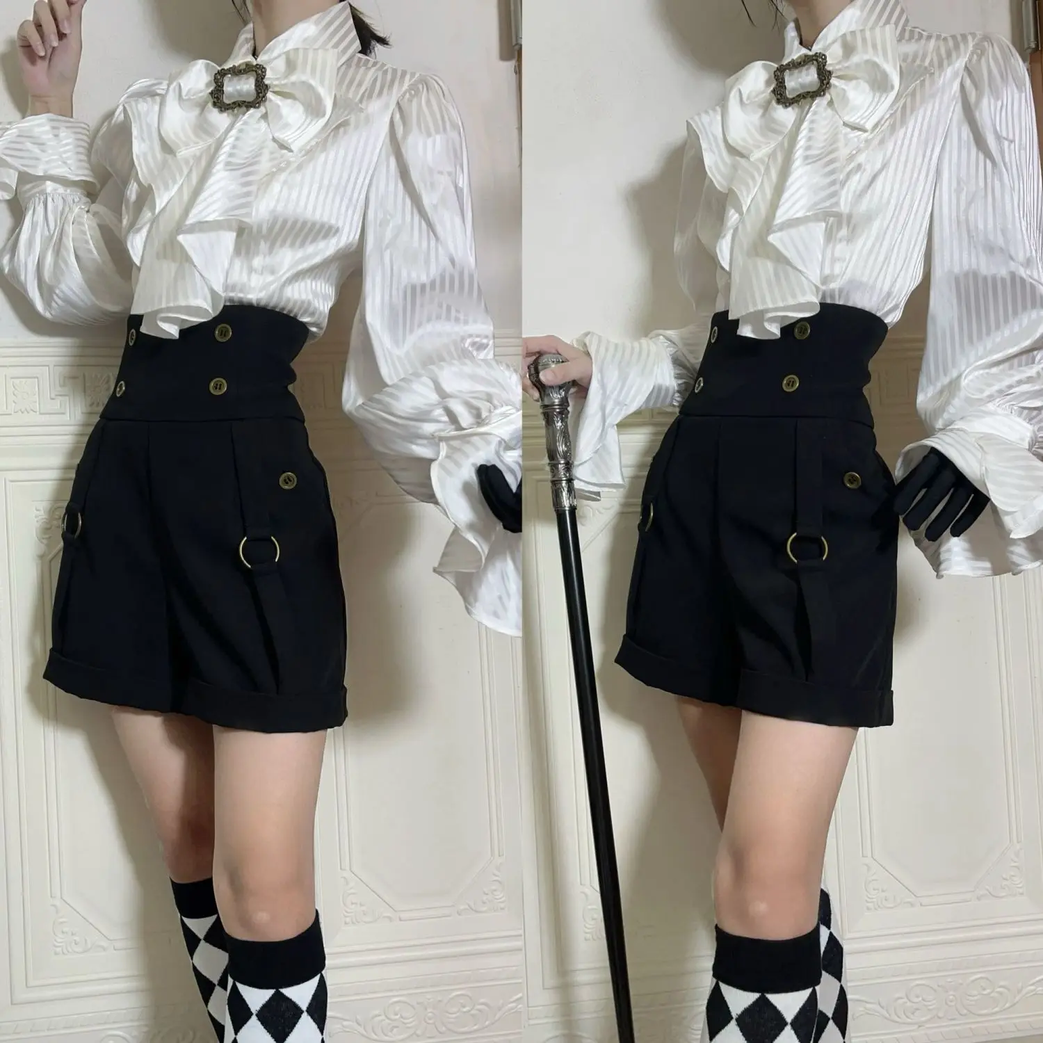 Princess Style Long Sleeve White Bell Bottom Shirt Shorts Set Stand Collar Vintage Look Moon Stone Prince Elegant Lolita Top