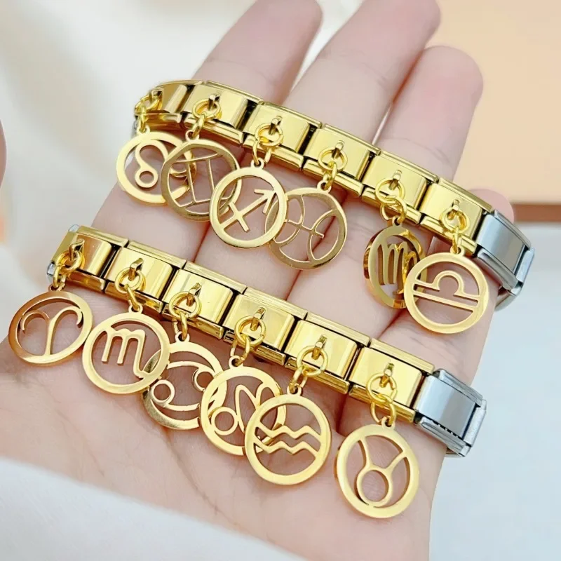 2024 Fashions Modular Golden Twelve Constellations Italian Charm Links Fit 9mm Elastic Bracelet Stainless Steel Making Jewelry