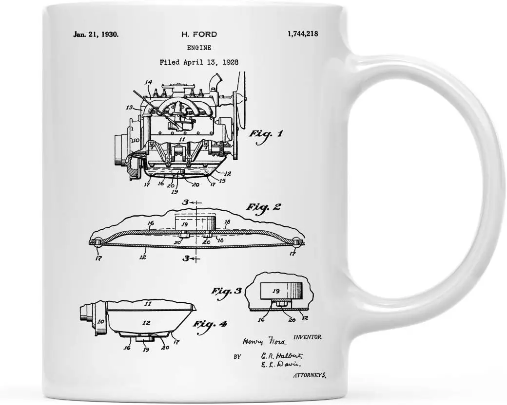 Andaz Press Planes, Trains, Automobiles Patent Print 11oz. Coffee Mug Birthday Christmas Gift, Model A Pickup Truck Engine Mug,