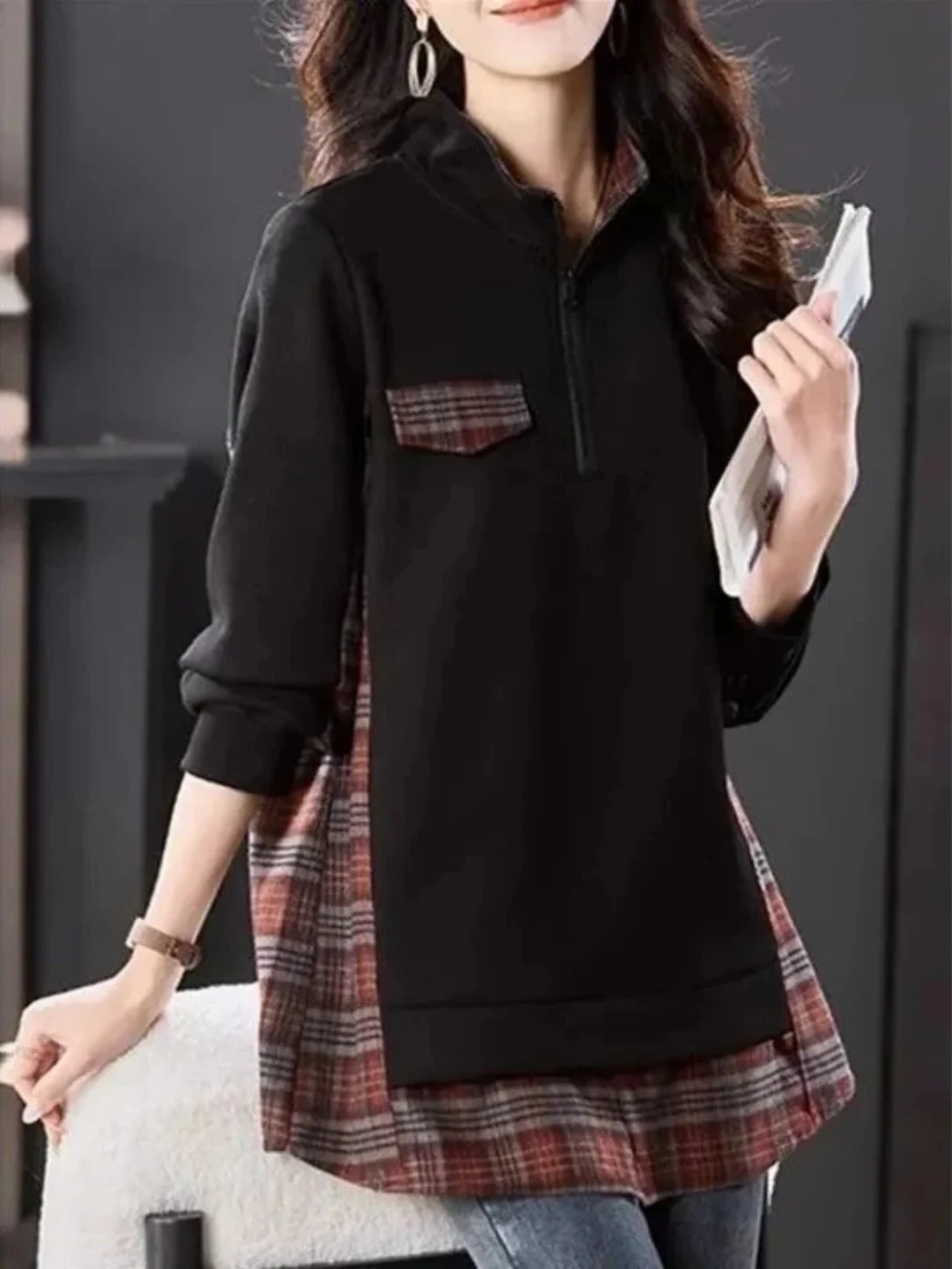 

Корейская свободная длинная толстовка с капюшоном в стиле пэчворк, воротник-стойка, молния, топ большого размера для женщин, более 300, сум