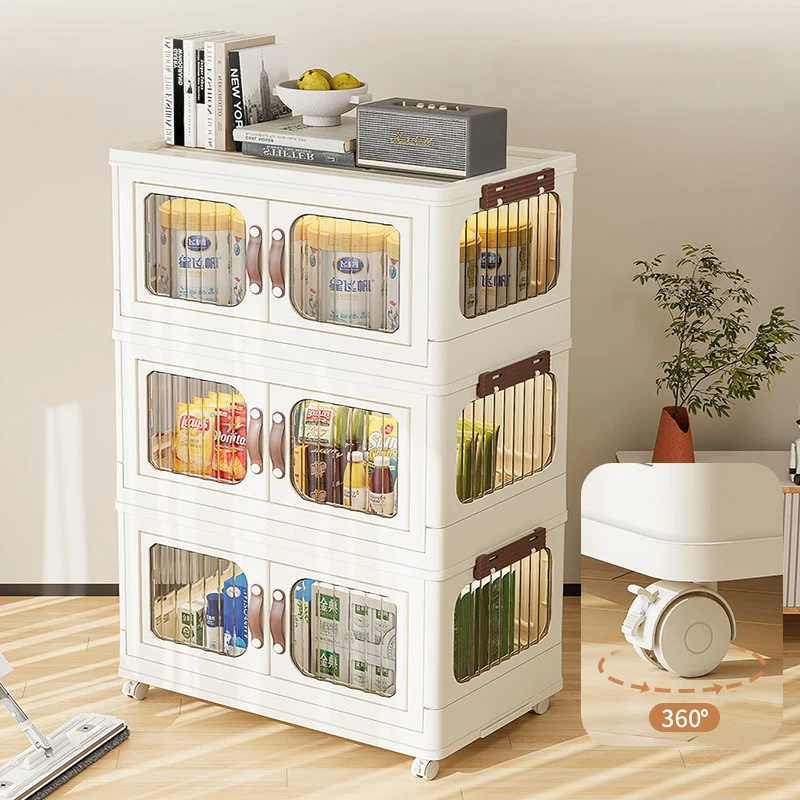 Large Capacity Storage Box Durable Stackable Storage Cabinet with Wheels Multi-Layer Shelf Folding Storage Bin for Cloth Snack