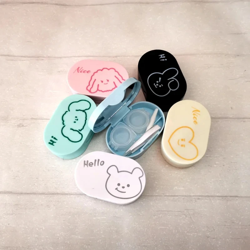 Lovely Rabbit Fox Dog Love Contact Lens Case for Travel Lady Women Press Kit Holder Container Party with Mirror Lenses Box