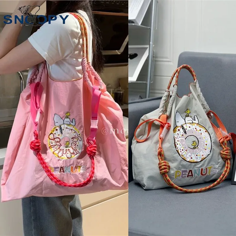 

Новая сумка для покупок Snoopy с вышивкой в виде пончика, модная повседневная женская большая сумка-тоут, вместительная сумка через плечо с анимацией, эко-сумки