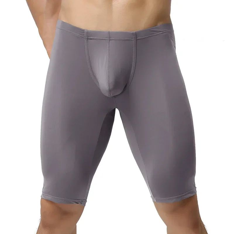 Boxer lunghi da uomo Mutandine ultrasottili Scolpire trasparente Mezza lunghezza Solid U Custodia convessa Boxer Intimo lungo da uomo