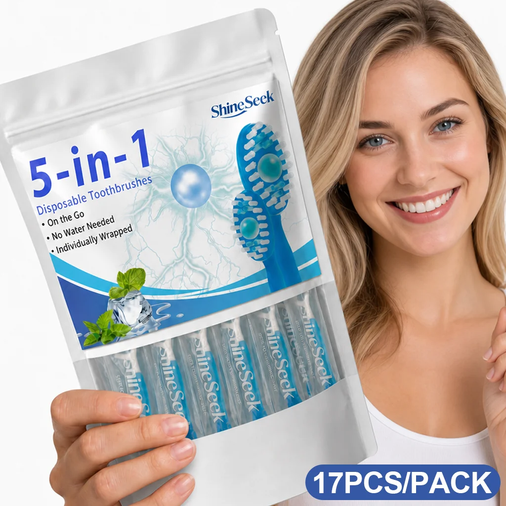 17-Piece Travel Set, Shiny Blue Five-In-One Multifunctional Toothbrush for Oral Care, Refreshing Mint Flavor, Includes Freshener Beads + Toothbrush Head + Dental Floss + Interdental Cleaning Stick + Tongue Scraper, Convenient and Soft, Teeth Cleaning and Care, Fresh Breath Anytime, Anywhere |   Travel Essentials |   Individually Packaged |   Mint |   Travel Toothbrush, Giving You an Unprecedentedly Comfortable Experience!