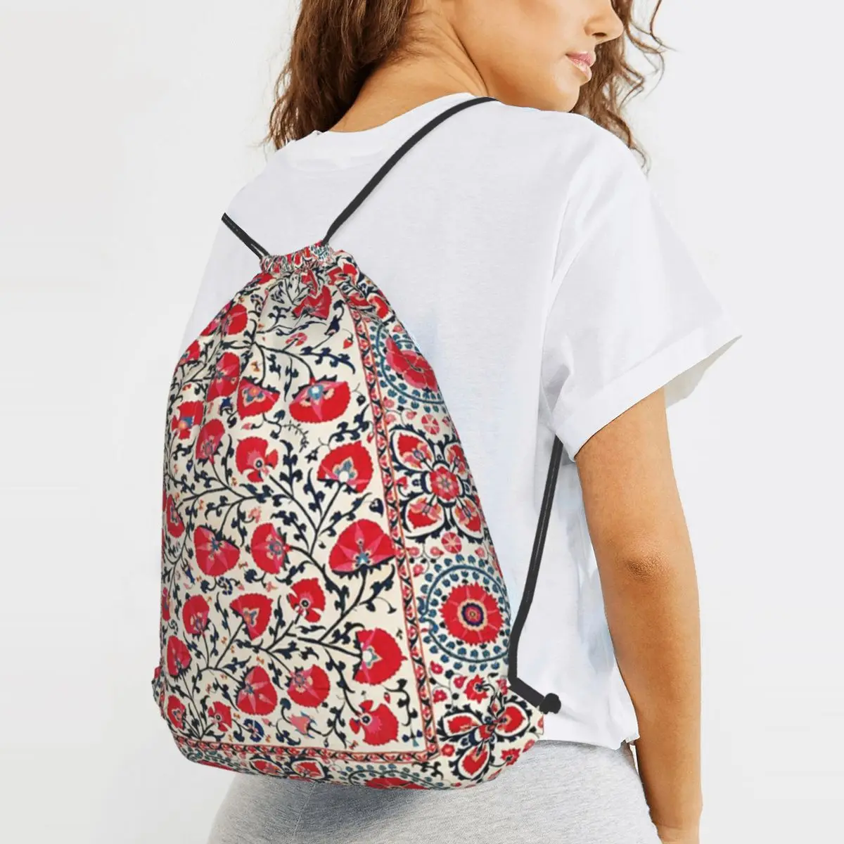 

Shakhrisyabz Suzani Uzbekistan Floral Embroidery Print Backpacks Multi-function Drawstring Bags Sports Bag Book Bags for Travel