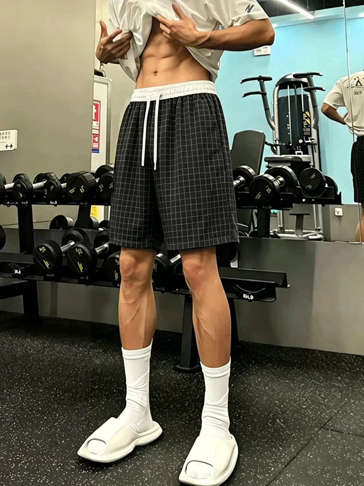 

Retro Quick Dry Plaid Shorts Men's Handsome High Waist Fitness Thin Fourths Middle Pants Sporty Summer Casual Straight Leg