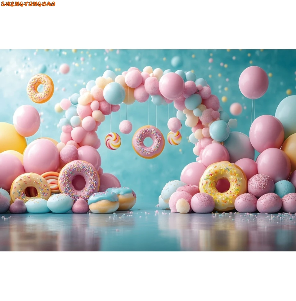 Sweet Dessert Backdrop Donuts Arch Balloons Pink Baby Shower Girls Birthday Party Photography Background Decor Photo Studio Prop