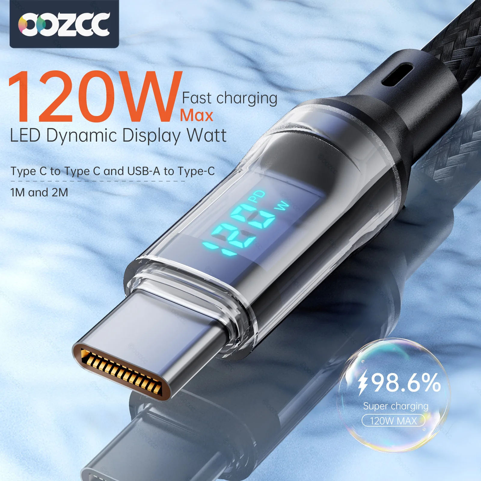 Cabo de Carregamento Ultra Rápido Oozcc 120W MAX 6A com Display Dinâmico LCD, Cabo USB-A para Tipo-C PD, Sincronização de Dados em Nylon, Compatível com Samsung