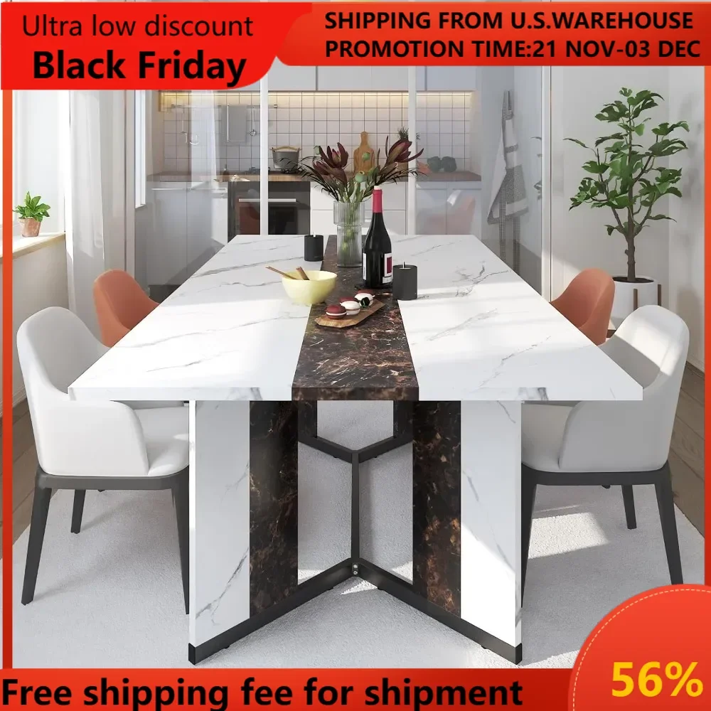 71In Large Rectangular White Dining Table for 4 5 6 7 8 People w/35 Marble-Color Wood Watrproof Tabletop,Adjustable Leg.6ft Luxu