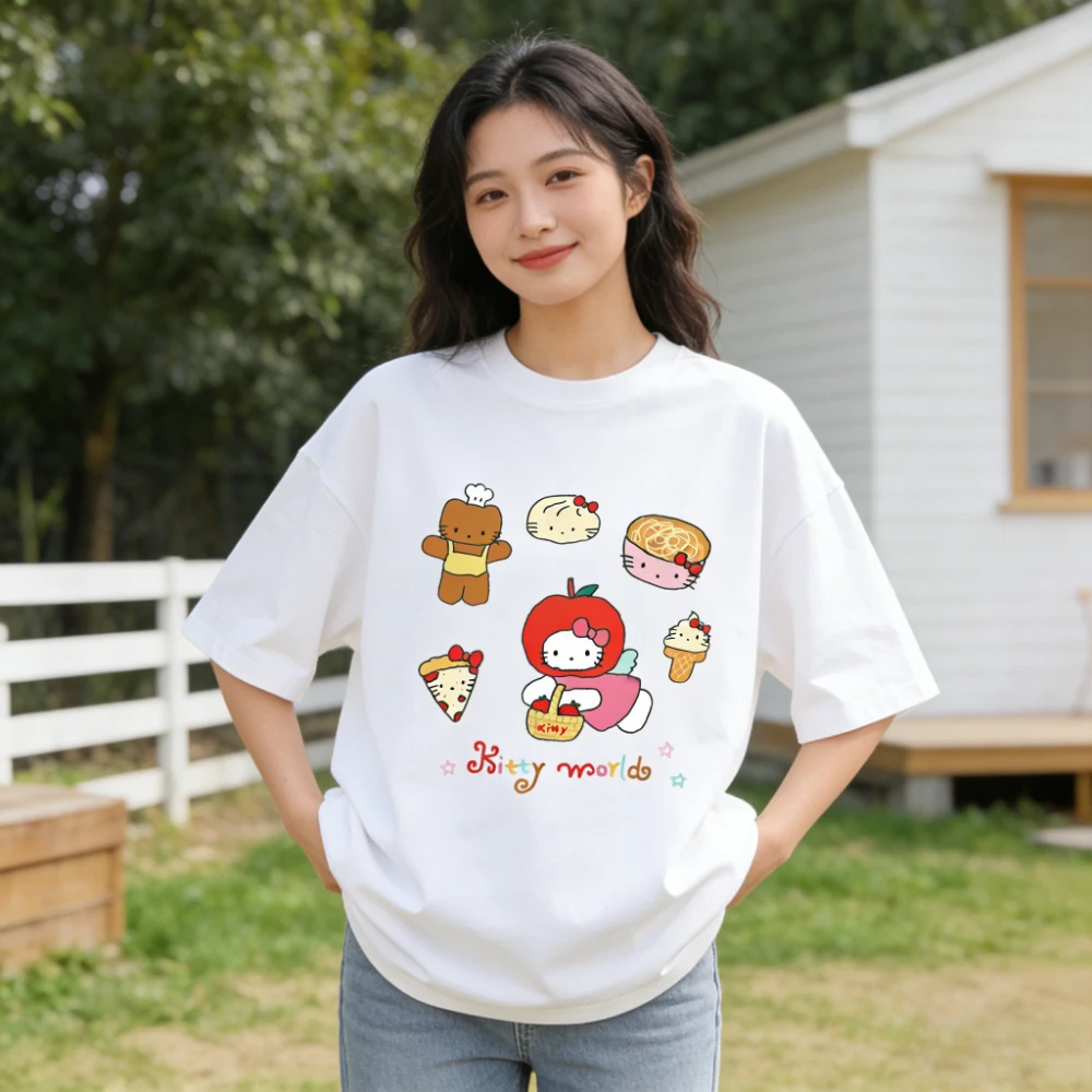 

Новинка 2026: Парные футболки с принтом Hello Kitty Food World, повседневные свободные комплекты для всей семьи, топы для родителей и детей