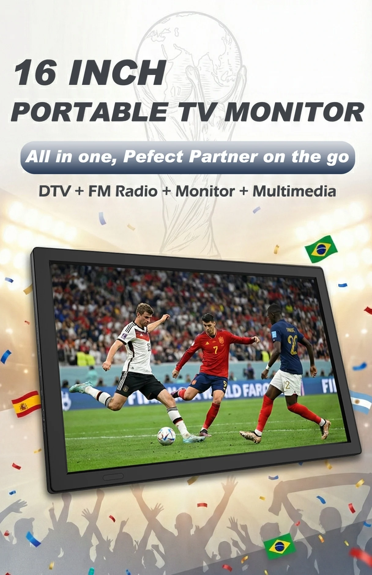 Smart Android TV 15.4 Inch Portable LED Television HD DVB-T2 ATSC ISDB Tuner for Outdoor Football Match Viewing Camping Car