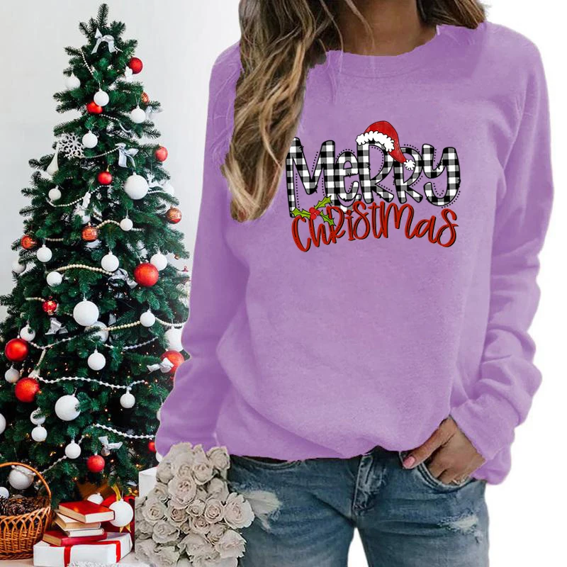 Merry Christmas Print Sweatshirts For Women Crew Neck Pullovers Graphic Christmas Gifts Casual Xmas Sweatshirts