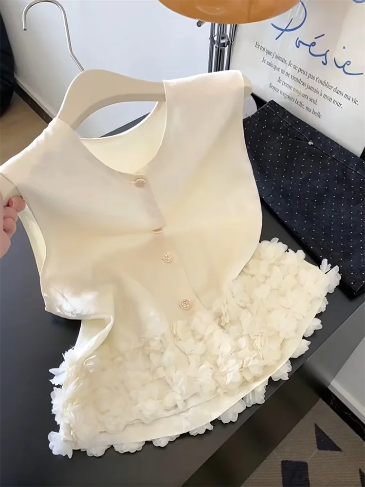 Silk Satin Petal Design Svel Vest Women's Summer Sle Commute Slim Fit round Ne ort Length Single Button Closure