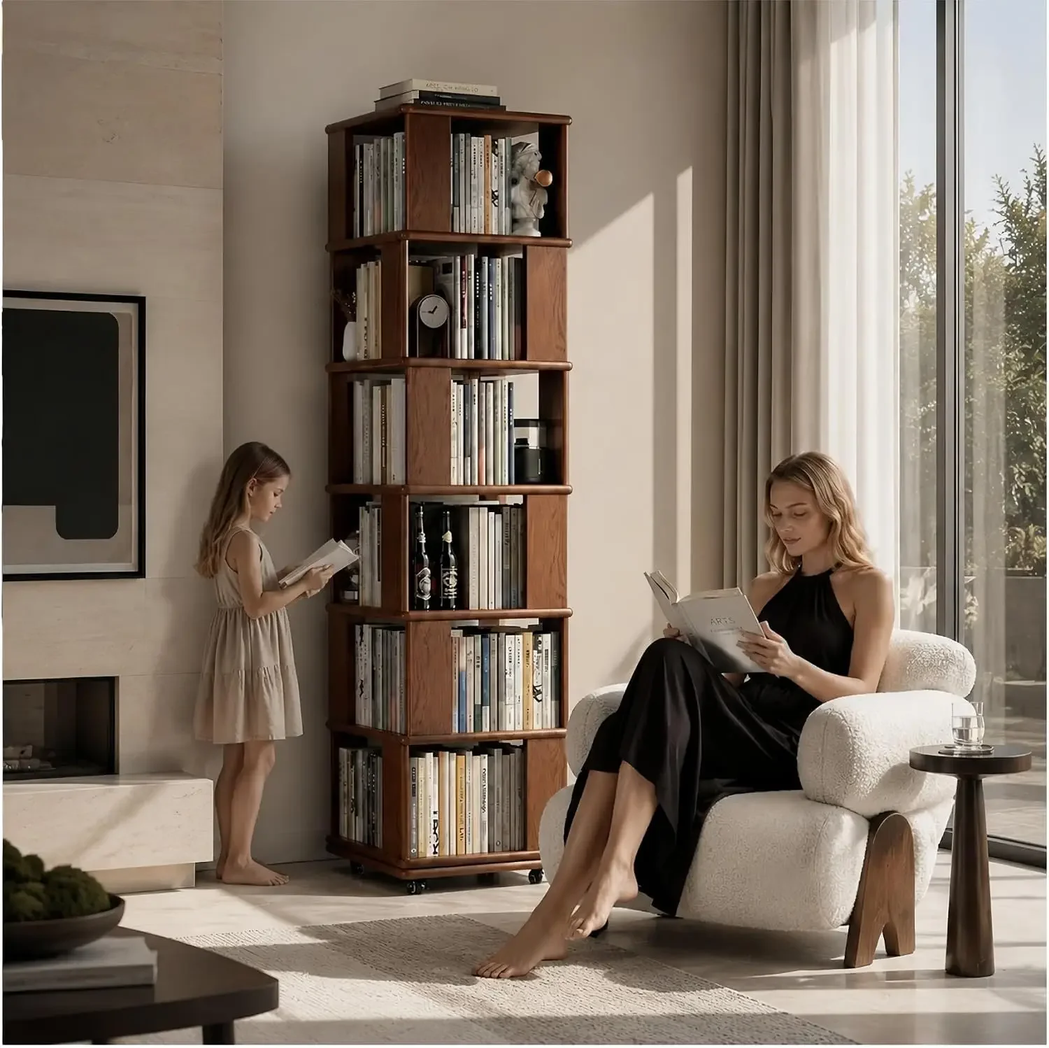 Solid wood Square Rotating Bookshelf Tower with Wheels, Standing Revolving Bookcase Storage Rack, Revolving 360 Book Shelf tall